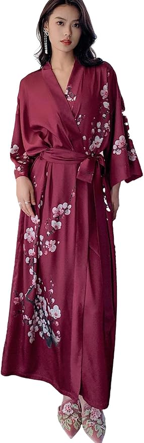 Silk Satin Robe for Women Long Japanese Kimono Robe Lightweight Soft Bathrobe Floral Luxury Dressing Gown