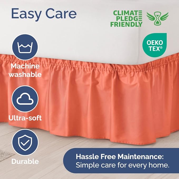 Wrap Around Dust Ruffle Bed Skirt - Coral - Twin/Twin XL Size Beds with 18 Inch Drop - Easy Fit Elastic Strap - Adjustable Pleated Bedskirt w/Brushed Fabric - Wrinkle Free - Women, Men, Kids & Teens