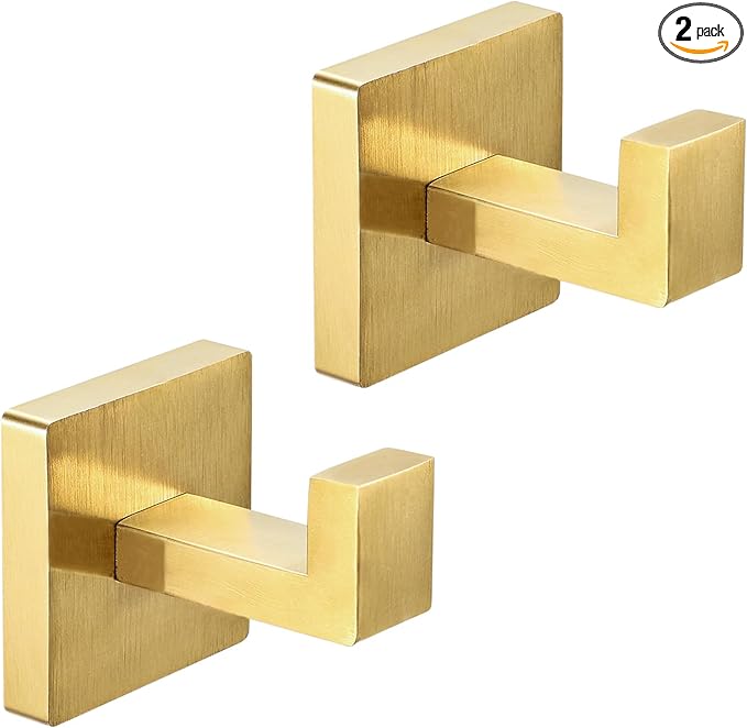 IBosins 2-Pack Towel Hooks Hand Towel Holder for Bathroom Wall Livingroom Bedroom Kitchen Closet Heavy Duty Stainless Steel Hook Hanger for Robe, Bath Towel, Coat (Square Brushed Gold)