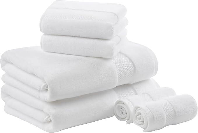 Madison Park Turkish 100% Cotton 600Gsm Luxury Premium Thick Soft Absorbent Hotel Bathroom Towel Set Shower Hand Face Washcloths, Assorted Sizes, White 6 Piece