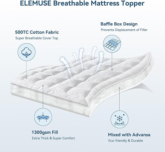ELEMUSE Full Cooling Mattress Topper, Extra Thick 1300gsm Mattress Pad for Back Pain Relief, Plush 500TC Cotton Pillow Top with Deep Pocket, Overfilled with Mixed Advansa Down Alternative Filling