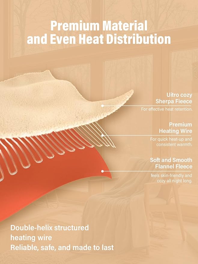 Electric Heated Blanket Queen, Ultra‑Cozy Premium Flannel & Sherpa, Even Heat Distribution & Stable Temp, 1–10H Auto‑Off, 8 Temps (86–125.6°F), Overheat Protection, Ideal Gifts for Grandma