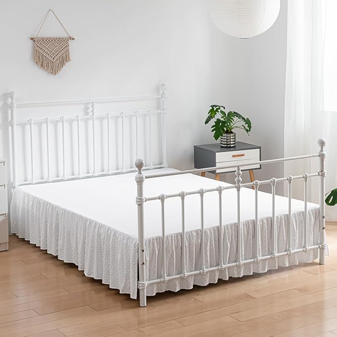 Tufted Dot Bed Skirt Full Size Ruffled Bed Skirt with Split Corners, 12 Inch Drop Dust Ruffle Bed Skirts with Platform, White