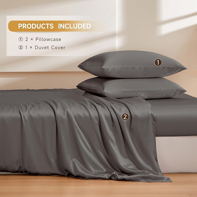 THXSILK 100% Pure Mulberry Silk Duvet Cover Set 3 Piece, 6A+ Grade Luxury Soft Bedding Silk Sheets for Hair and Skin, 1 Pcs Duvet/Quilt/Comforter Cover with 2 Zippered Pillowcases (Charcoal, Twin)