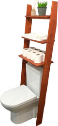 Over The Toilet Birch Wood Bathroom Organizer Shelves, 3-Tier Freestanding Above Toilet Storage Ladder Shelf, Standing Space Saver Behind Toilet Small Bathroom Organizer (Chestnut)