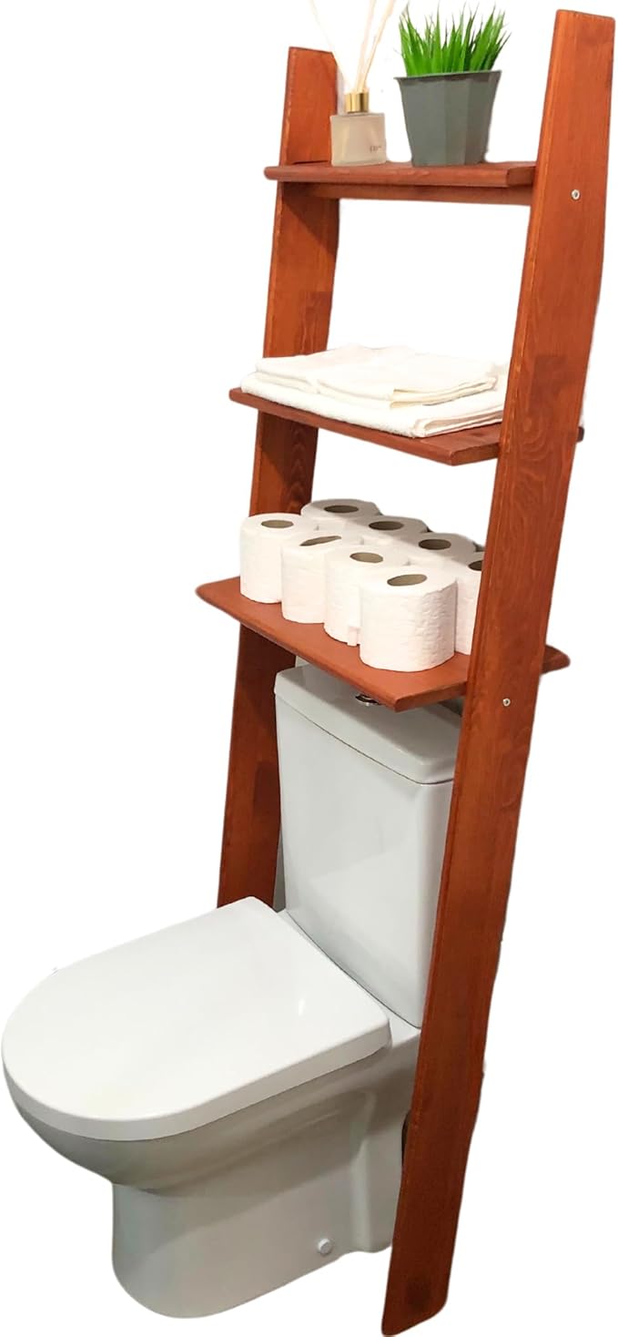 Over The Toilet Birch Wood Bathroom Organizer Shelves, 3-Tier Freestanding Above Toilet Storage Ladder Shelf, Standing Space Saver Behind Toilet Small Bathroom Organizer (Chestnut)