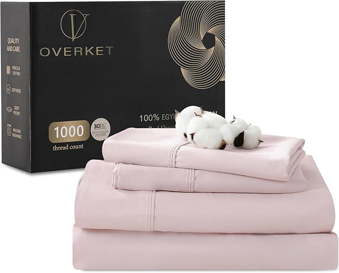 Egyptian Cotton Sheets Full Size 1000 Thread Count Sateen Weave Soft Breathable 16-Inch Deep Pocket 4PCS（Full,Light Pink）