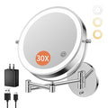 FUNTOUCH 9" 30X/1X Magnifying Wall Mounted Makeup Mirror, 4500mAh Rechargeable Double Sided Mirror with Light, 3 Color Lights,Touch Dimmable, 360 Rotation Extended Arm for Bathroom,Chrome
