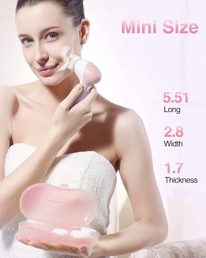 Electric Facial Cleansing Brush for Women, 3-in-1 Face Cleanser and Exfoliator Brush with 3 Brush Heads, 2 Speeds, Waterproof Spin Brush, Travel Size Case (Pink, Battery Operated)