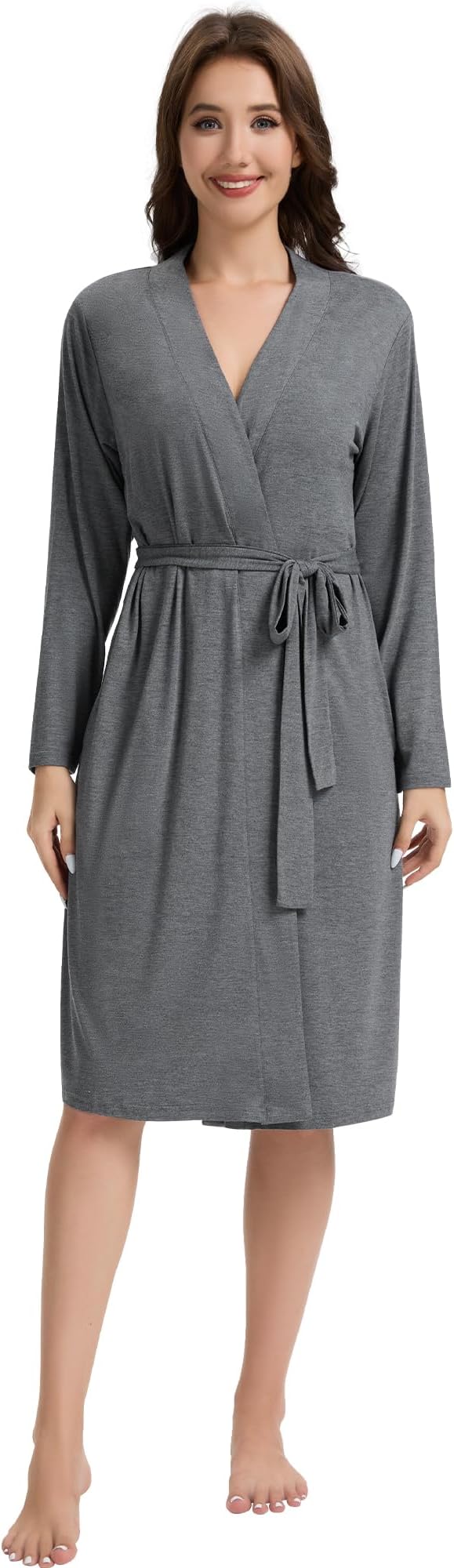 WiWi Women's Robe Long Sleeve Bathrobe with Pockets Soft Kimono Spa Lightweight Robes Bamboo Viscose Loungewear S-XXL