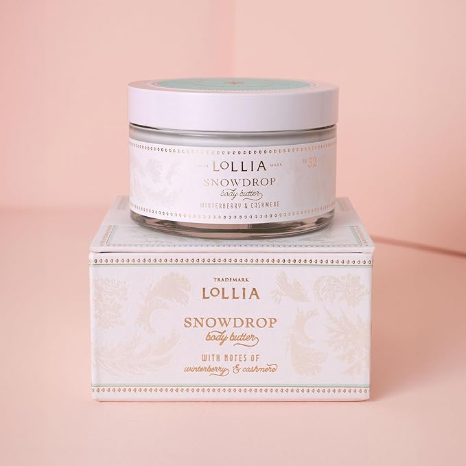 LOLLIA Snowdrop Whipped Body Butter, 5.7 oz, 155 g, Winterberry & Cashmere Scented Balm for Women, Moisturizing Shea & Cocoa Butter Lotion, Luxury Hydrating Skin Cream for Self Care