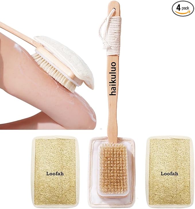 Shower Body Brush with Bristles and Loofah,Back Scrubber for Shower for Bath or Dry Brush,Back exfoliating Body Scrubber Shower Scrub Brush Long Handle for Women and Men