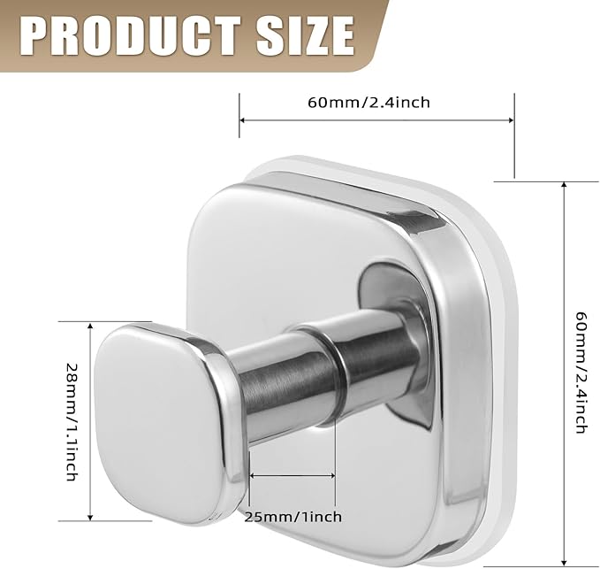 No-Drill Reusable Suction Cup Hooks, Towel, Robe, Loofah, Coat Hook for Glass, Mirror, Tile, Shower, Bathroom, Kitchen & Metal (Smooth, Non-Porous Surfaces) (4, Chrome Polished)