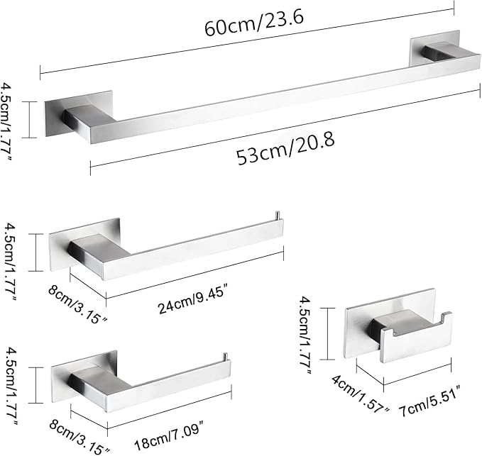 4-Pieces Bathroom Hardware Accessories Set, Towel Rack Towel Bar Toilet Paper Holder Towel Hook Self Adhesive Stainless Steel Towel Rack Set for Bathroom Wall Mounted, Brushed Nickel, 23 Inch