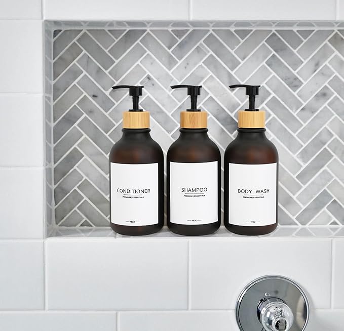 Frosted Plastic Shampoo and Conditioner Bottles, Apothecary Dispenser Bamboo Pump, Refillable Bottles for Shower Lotion, Oil, Hand Soap, Sanitizer, Liquid Soap, Set of 3 with 9 Labels (3, Matte Amber)