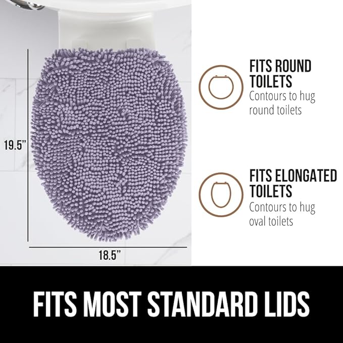 GORILLA GRIP Soft Chenille Bathroom Toilet Lid Cover, Machine Washable Seat Covers, 19.5x18.5, Stays in Place Rubber Backing, Fits Most Round, Elongated and Oblong Lids, Accessories Decor, Lt Purple