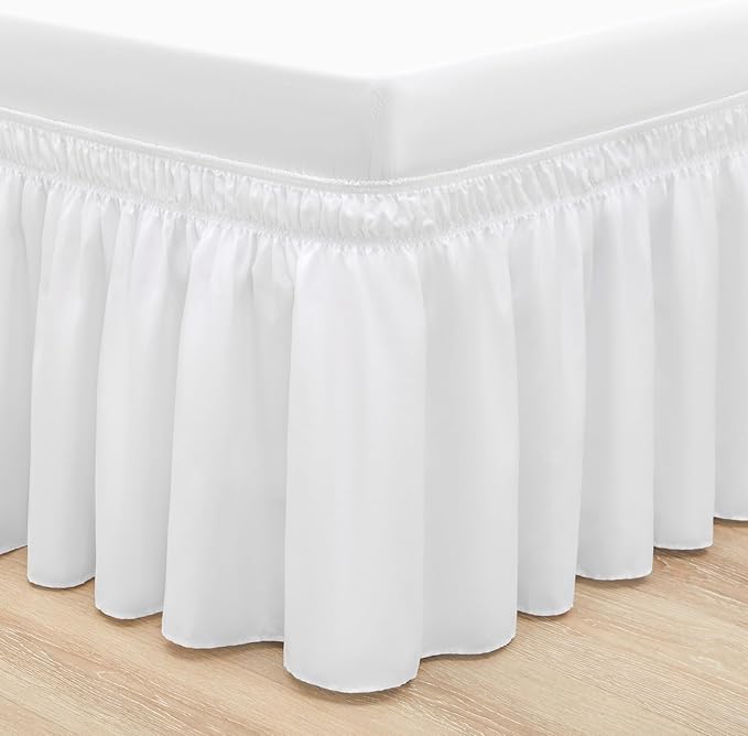 RIMELA White Bed Skirt Queen Size 12 Inch Drop, Elastic Bed Skirting for Bed Base and Frame, Bedding Dust Ruffle Easy to Install, Lightweight Wrap Around Adjustable Bedskirt