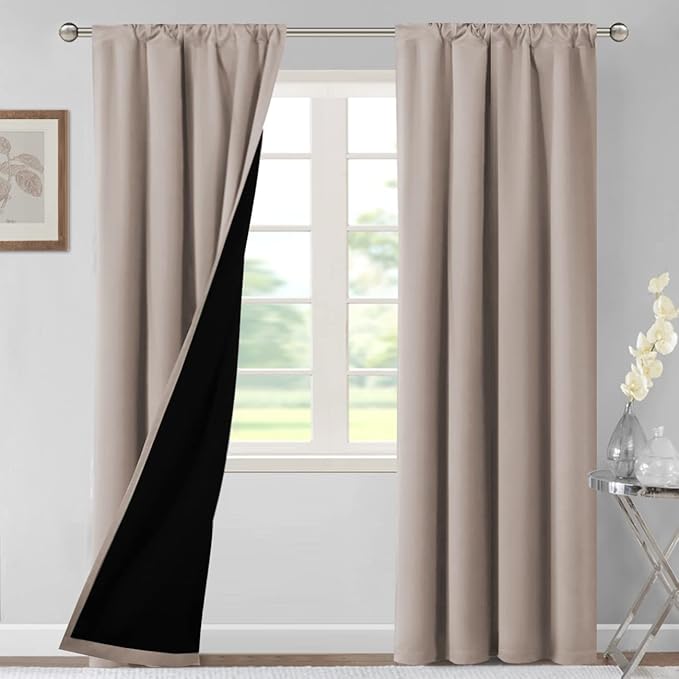 H.VERSAILTEX 100% Blackout Curtains for Bedroom 42 Inches Wide Thermal Insulated Blackout Curtains 84 Inches Long Rod Pocket Curtains for Living Room with Black Liner 2 Panels Set, Natural Sand