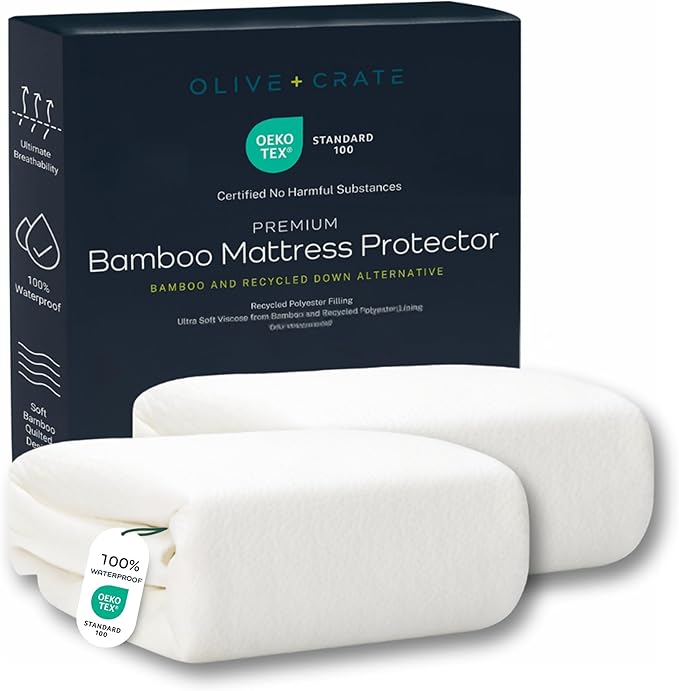 Olive + Crate 100% Viscose Bamboo Mattress Protector - Eco-Concious Cooling Mattress Cover - Waterproof Hypoallergenic Protection - Breathable 2Pk Twin XL Shield Against Dust & Spills
