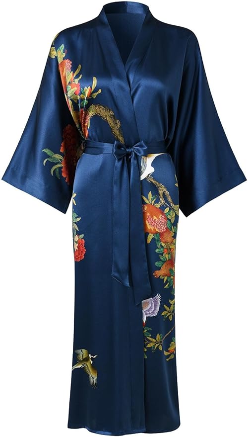 Women's Silk Kimono Robe Long Bathrobe Nightgown 100% Mulberry Silk for Women - Classic Floral Pattern