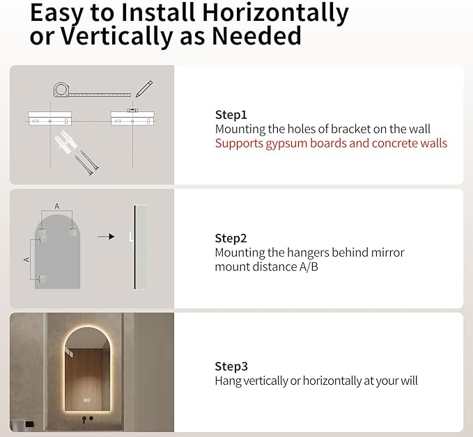 Arched Shaped LED Bathroom Mirror with dimming Lighting, 24V, 3 Color temperatures, defogger, 5MM Silver Glass (40" L x 24" W)
