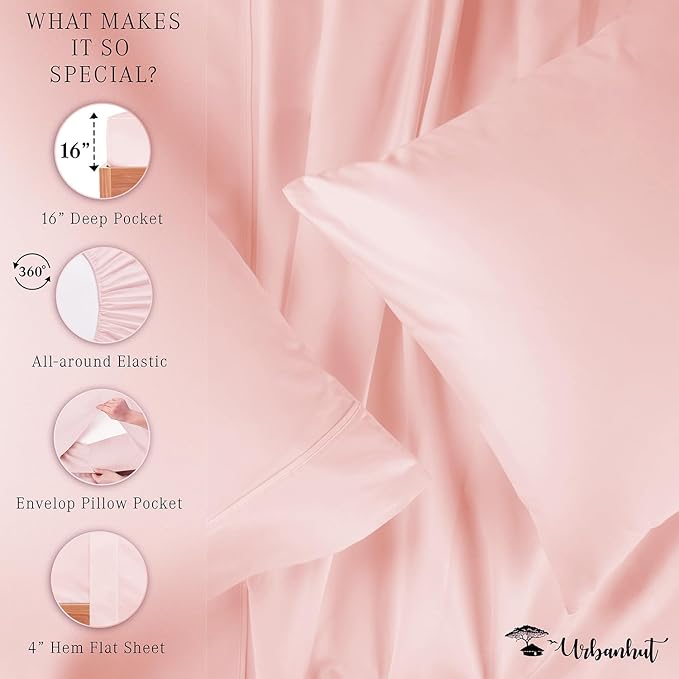 URBANHUT 700 Thread Count Queen Size Egyptian Cotton Sheets, 4Pc Sheet Set Soft Luxury Bed Sheets for Queen Size Bed, Sateen Weave Hotel Sheets, 16'' Elasticized Deep Pocket - Blush Pink