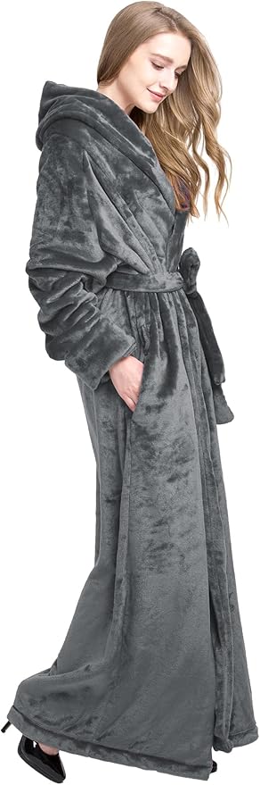 Women's Plush Robe Extra Long Robe with Pockets Thicken Soft Warm Bathrobe