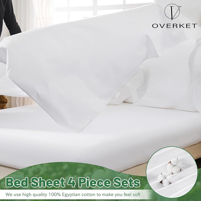 1000 Thread Count Egyptian Cotton Sheets Queen Size Set Sateen Weave Soft Breathable 16-Inch Deep Pocket 4PCS（Queen,White）