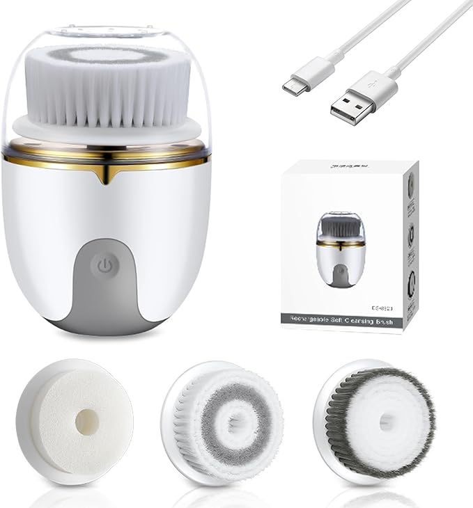 Facial Cleansing Brush 2 Modes Waterproof Electric Face Scrubber, USB Rechargeable Exfoliating Face Brush Cleanser with 3 Heads for Exfoliating, Cleansing, Massaging ...