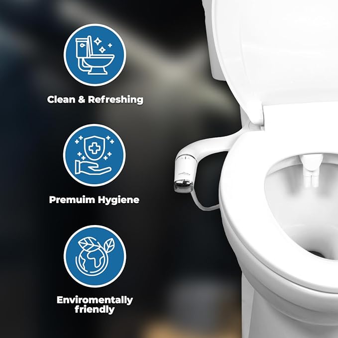 GenieBidet Bidet Attachment for Toilet, Ultra-Slim Self Cleaning Toilet Bidet with Separate Rear & Feminine Cleansing Nozzles, Includes Travel Bidet & 4 Accent Rings (Right-Handed)