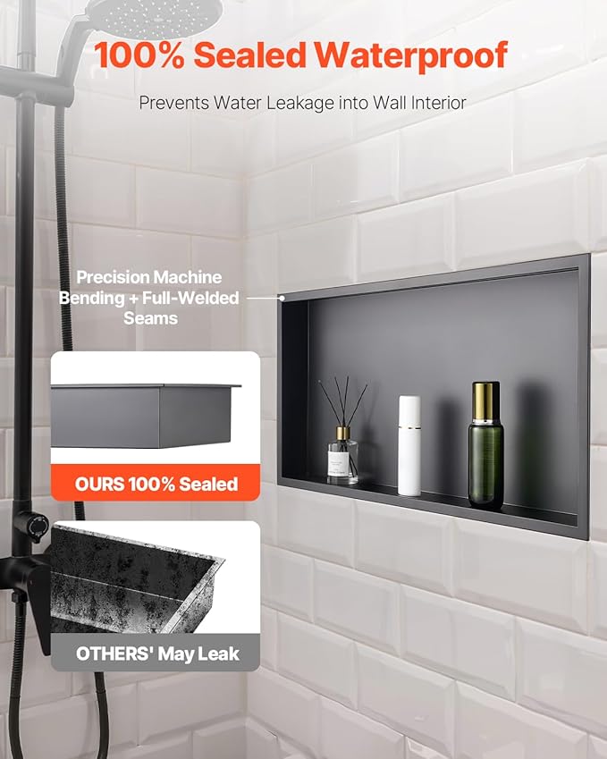 VEVOR Shower Niche, 13 x 25 x 4 inch Recessed Wall Niche, Heavy-duty Stainless Steel Modern Soap & Shampoo Storage Organizer, Sealed Waterproof, Durable & Easy to Install,Black for Bathroom