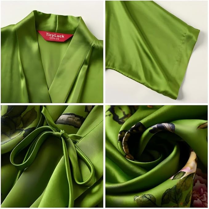 Women's Silk Kimono Robe Long Bathrobe Nightgown 100% Mulberry Silk for Women - Classic Floral Pattern