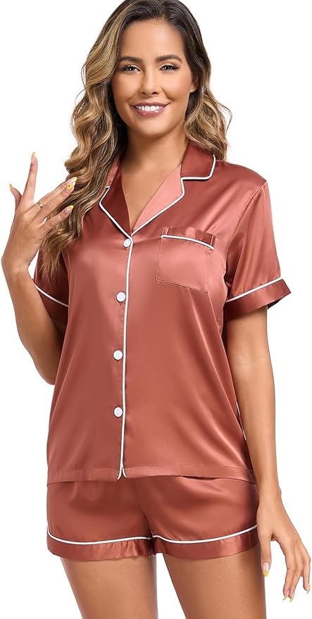 Women's Satin Pajama Set 2-Piece Sleepwear Loungewear Button Down Short Sleeve Silky PJ Set