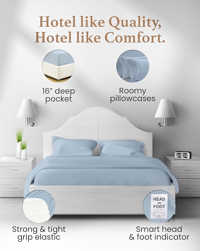 Good Sleep Bedding Split King Sheets Sets for Adjustable Bed Cotton, Luxury Sheets, Egyptian Cotton, 5 Piece 100% Cotton Split King Sheet Set, Sateen Weave, 2 Fitted - 16" Deep Pocket, Light Blue