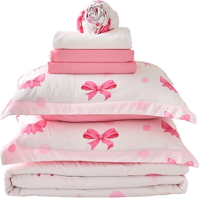 Wajade 7 Piece Pink Bow Bedding Set for Girls Kids Queen Size Comforter Set with Sheet and 2 Pillowcases 2 Pillow Shams Cute Girls Bed in a Bag as Birthday Choice