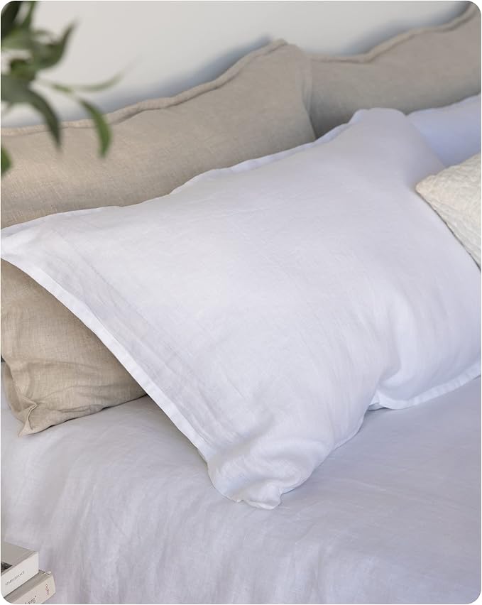 XZ XIFA Linen Pillowcases Queen - Pack of 2-100% Natural Washed French Flax, Breathable, Durable, Textured Envelope Pillowcases - White, 20'' x 30''