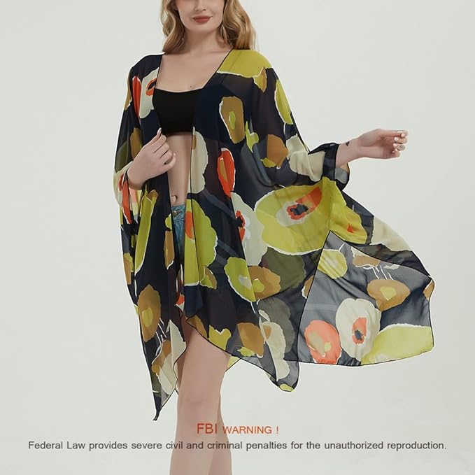 Women's Bohemian Floral Chiffon Beach Cover up Swimsuit Kimono Summer Swimwear Cardigans