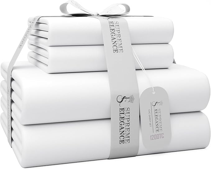 SUPREME ELEGANCE 1200 Thread Count Cotton Rich Full White Sheets Set, Ultra Soft & Silky Luxury Sateen Bed Sheets, Moisture Wicking & Wrinkle Resistant (1 Flat Sheet, 1 Fitted Sheet & 2 Pillowcases)