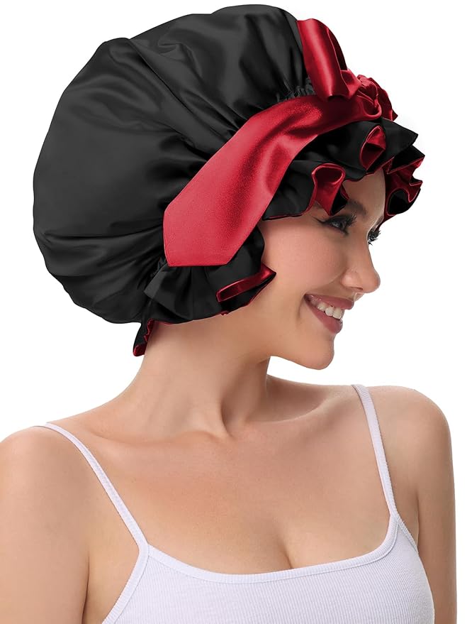 Hair Bonnet for Sleeping, Satin Silk Shower Cap Women 2025 with Tie Band and Adjustable Straps Head Wrap for Curly Hair Black F