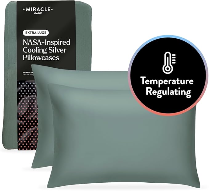 Miracle Made Extra Luxe Soft Cooling Pillowcase, 2-Piece Silver-Infused Cotton Fabric – Lightweight, Thermoregulating, Breathable Cover for Sensitive Skin, Standard Size, Sage Green