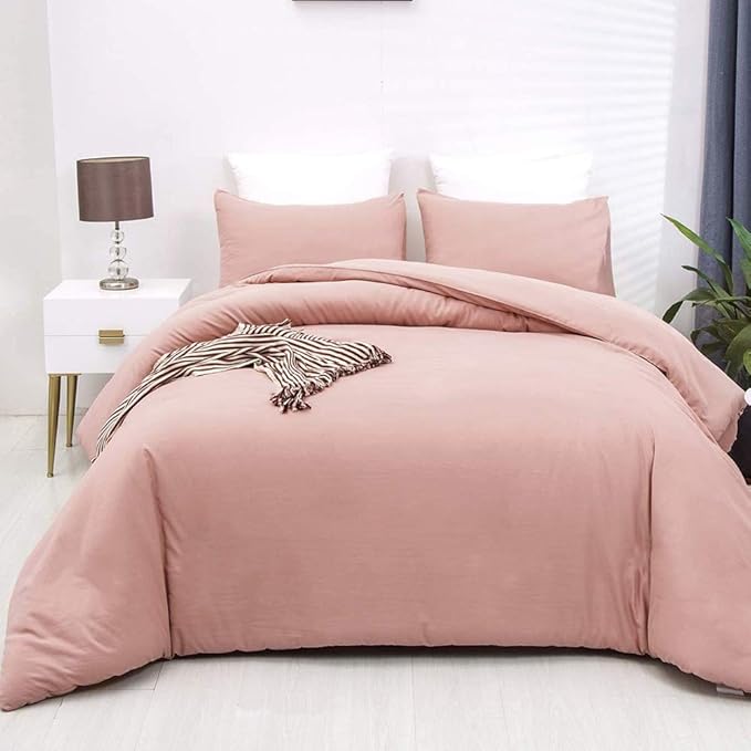 KAREVER Queen Blush Pink Cotton Comforter Set, 3 PCS Breathable Bedding with 2 Pillowcases, Fade-Resistant, Lightweight, Durable, Ideal for Gift
