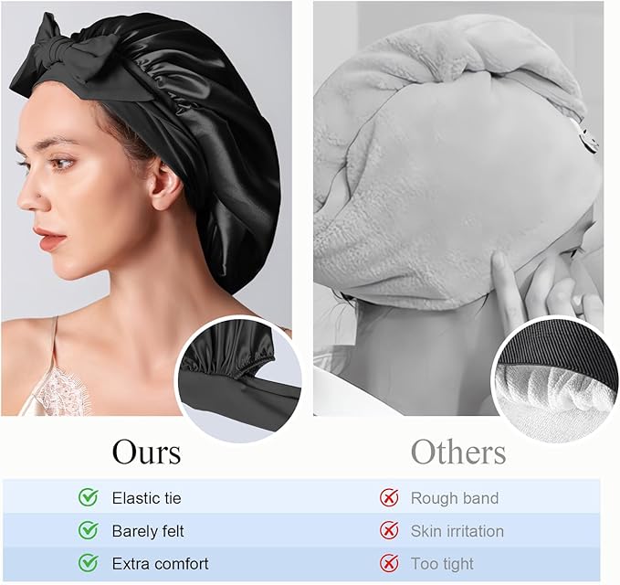 Satin Bonnet for Sleeping Women, Large Hair Bonnet Sleep Cap with Tie Band, Double Layer Hair Wrap for Curly Natural Hair