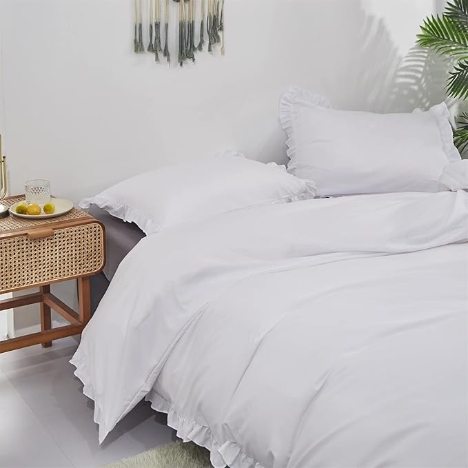 Cottonight Ruffle White Comforter Set California King Farmhouse Shabby Bedding Comforter Set Ruffled Friange White Blanket Quilts Cotton Soft Breathable Bedding Set for Cal King Bed