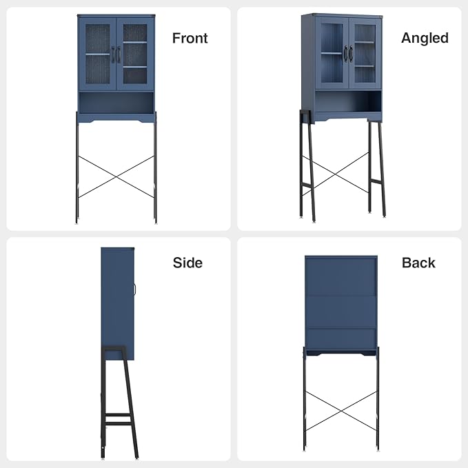 Over The Toilet Storage Cabinet with Tempered Glass Doors and Adjustable Shelf, Bathroom Organizer with Metal Stand Space Saver Over Toilet , Modern Toilet Rack for Bathroom, Restroom, Laundry, Blue