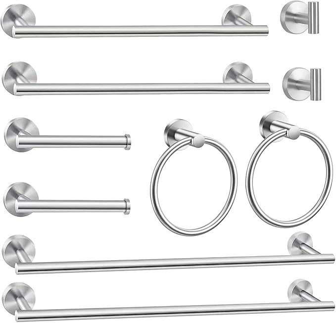 10Pcs Bath Tower Set, Includes 23.6 inch & 16 inch Towel Bars, Hooks, Rings & Toilet Paper Holder - Brushed Nickel