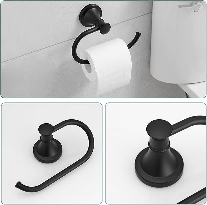 Hoimpro Matte Black 4-Piece Bathroom Bath Set, Wall Mount Bathroom Hardware Fixture (Adjustable Towel Bar Rack, Towel Ring Holder, Paper Towel Holder, Double Towel Hook), Bathroom Accessories
