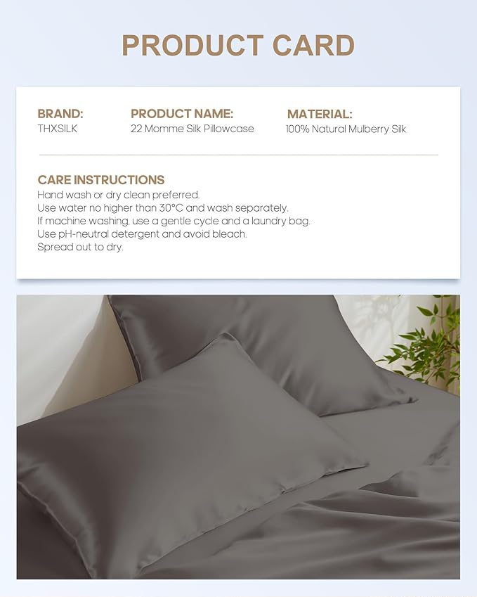 THXSILK 100% Mulberry Silk Pillow Case, Real Silk Pillowcase for Hair and Skin, 22 Momme Hypoallergenic Pillow Cover with Hidden Zipper, 1pc (Dark Gray, Standard 20"x26")