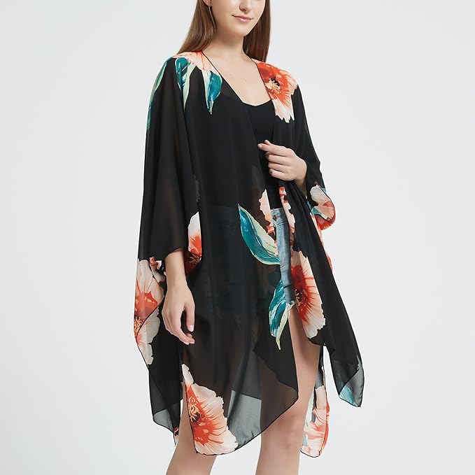 Women's Bohemian Floral Chiffon Beach Cover up Swimsuit Kimono Summer Swimwear Cardigans