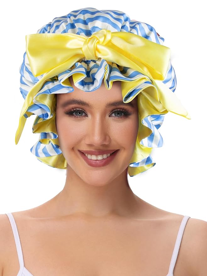 Silk Bonnet, Satin Hair Shower Cap for Sleeping Women 2025 Tie Band Adjustable Straps Head Wrap for Curly Hair Blue Stripe F