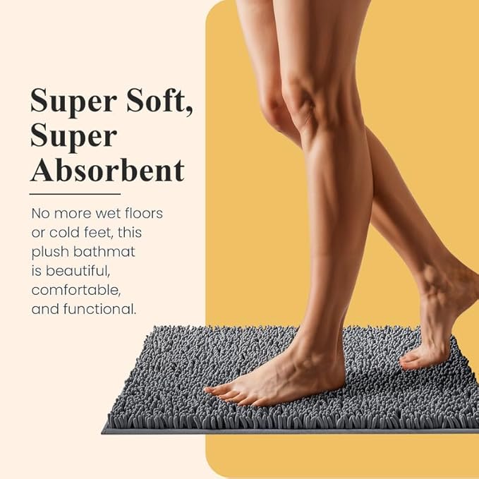 MAYSHINE Plush Shaggy Chenille Bath Mat | Extra Soft, Super Absorbent, Non-Slip Bathroom Rug | Fluffy Microfiber, Area Rug Sets for Bathroom Floor, Kitchen, Living Room | 59"x31" | Grey